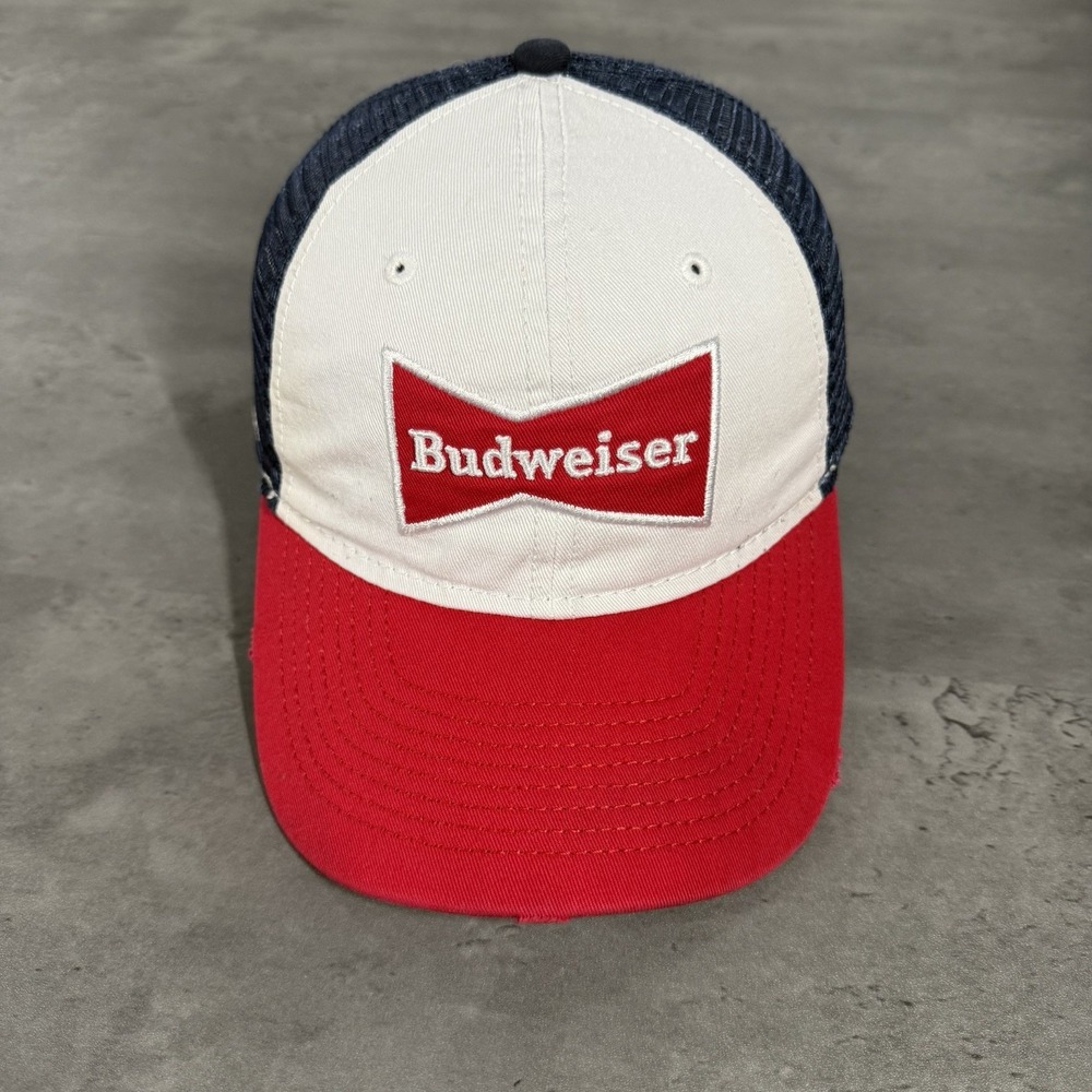 Vintage Budweiser Beer Hat Red Blue Embroidered Patch Low Profile Mesh Trucker